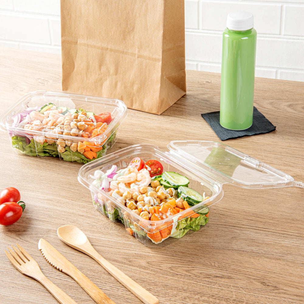 Tamper Tek 20 oz Rectangle Clear Plastic Salad Container - with Lid, Tamper-Evident - 7 1/4" x 5 1/2" x 2" - 100 count box