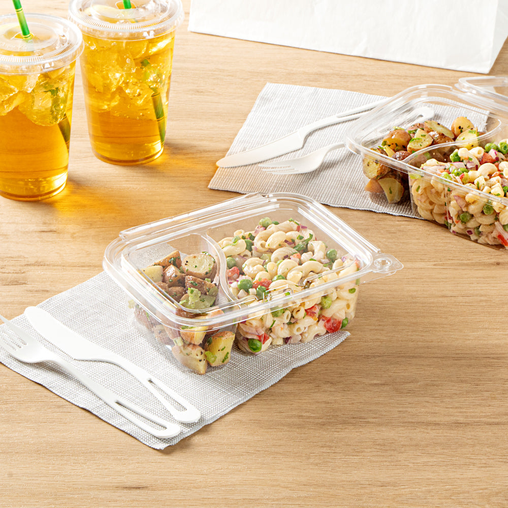 Tamper Tek 24 oz Rectangle Clear Plastic Container - with Lid, Tamper-Evident, 2 Compartments - 7 1/4" x 5 1/2" x 2 1/4" - 100 count box
