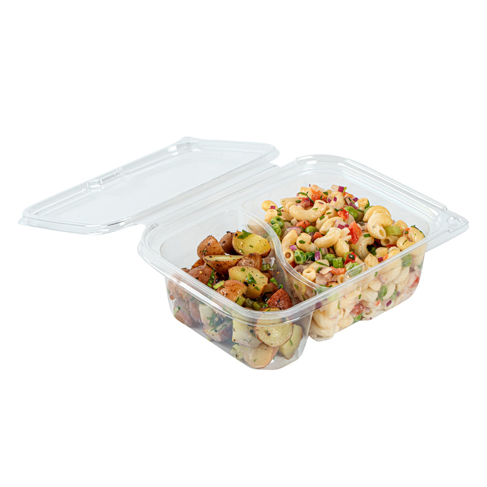 Tamper Tek 24 oz Rectangle Clear Plastic Container - with Lid, Tamper-Evident, 2 Compartments - 7 1/4" x 5 1/2" x 2 1/4" - 100 count box