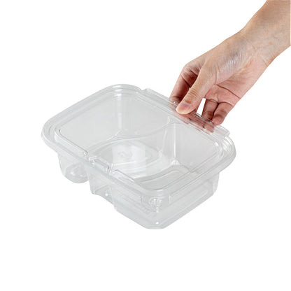 Tamper Tek 24 oz Rectangle Clear Plastic Container - with Lid, Tamper-Evident, 2 Compartments - 7 1/4" x 5 1/2" x 2 1/4" - 100 count box
