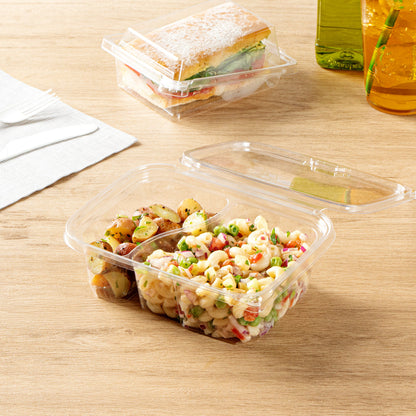 Tamper Tek 24 oz Rectangle Clear Plastic Container - with Lid, Tamper-Evident, 2 Compartments - 7 1/4" x 5 1/2" x 2 1/4" - 100 count box