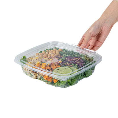 Tamper Tek 48 oz Rectangle Clear Plastic Salad Container - with Lid, Tamper-Evident - 8 3/4" x 7 3/4" x 1 3/4" - 100 count box