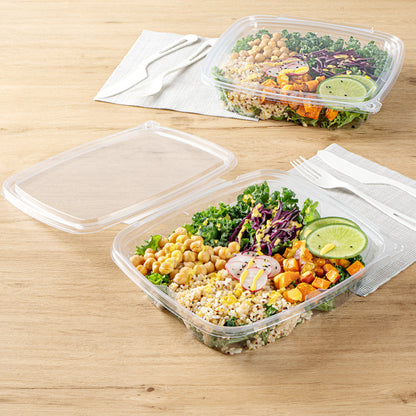 Tamper Tek 48 oz Rectangle Clear Plastic Salad Container - with Lid, Tamper-Evident - 8 3/4" x 7 3/4" x 1 3/4" - 100 count box