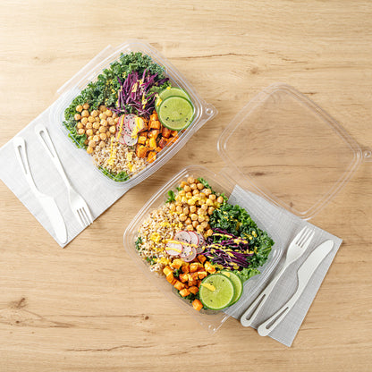 Tamper Tek 48 oz Rectangle Clear Plastic Salad Container - with Lid, Tamper-Evident - 8 3/4" x 7 3/4" x 1 3/4" - 100 count box
