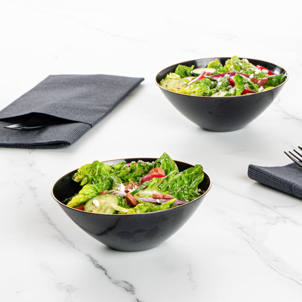 Moderna 6 oz Round Black Plastic Gold-Rimmed Bowl - 4 3/4" x 4 3/4" x 1 3/4" - 20 count box