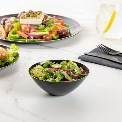 Moderna 6 oz Round Black Plastic Gold-Rimmed Bowl - 4 3/4" x 4 3/4" x 1 3/4" - 20 count box