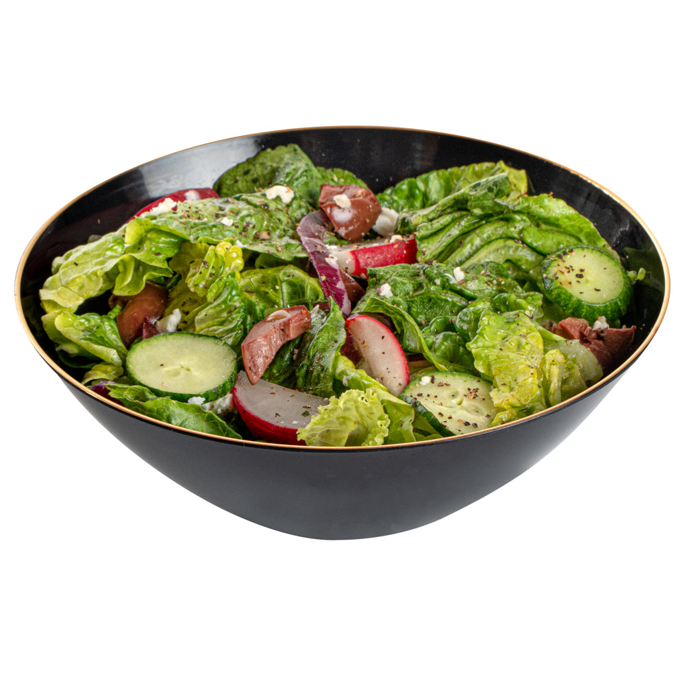 Moderna 6 oz Round Black Plastic Gold-Rimmed Bowl - 4 3/4" x 4 3/4" x 1 3/4" - 100 count box