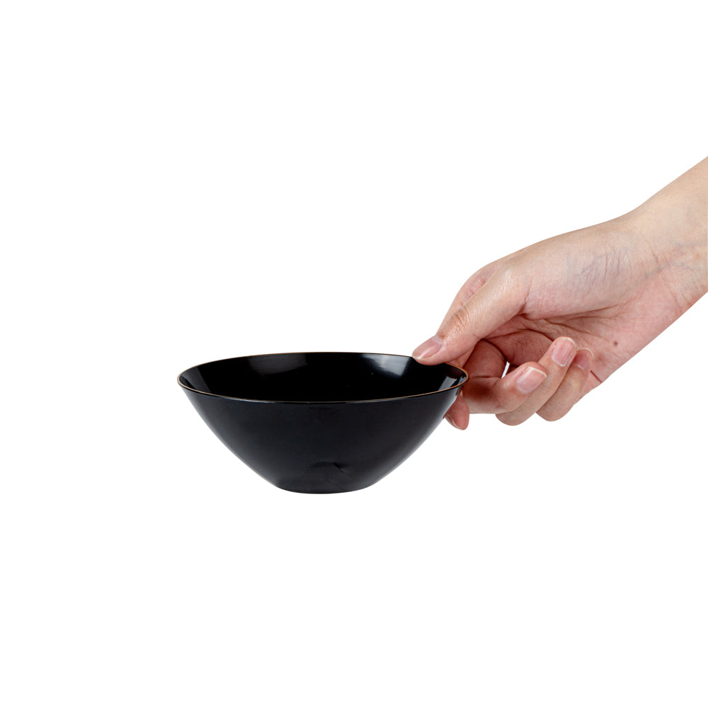 Moderna 6 oz Round Black Plastic Gold-Rimmed Bowl - 4 3/4" x 4 3/4" x 1 3/4" - 100 count box