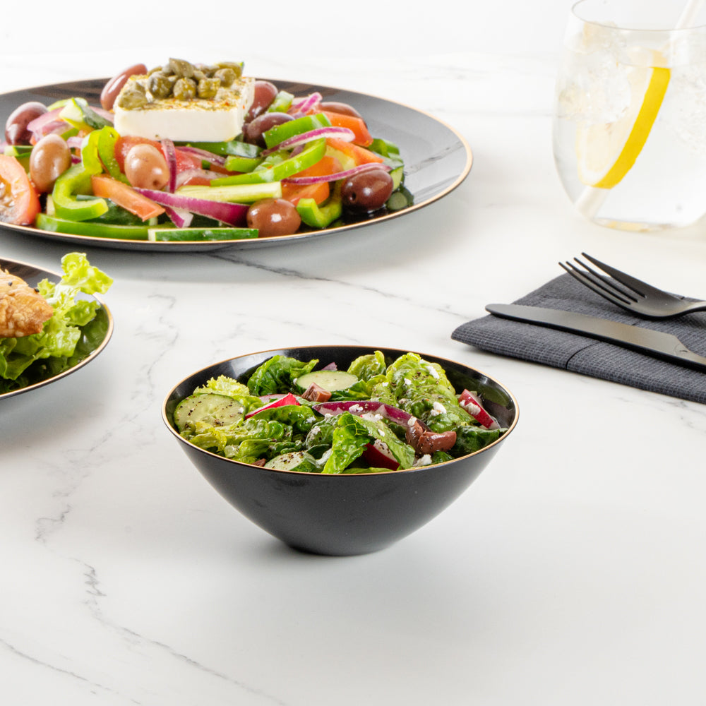 Moderna 6 oz Round Black Plastic Gold-Rimmed Bowl - 4 3/4" x 4 3/4" x 1 3/4" - 100 count box