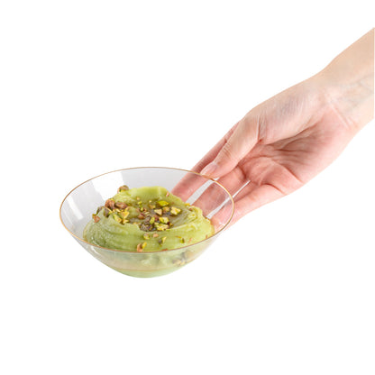 Moderna 6 oz Round Clear Plastic Gold-Rimmed Bowl - 4 3/4" x 4 3/4" x 1 3/4" - 20 count box