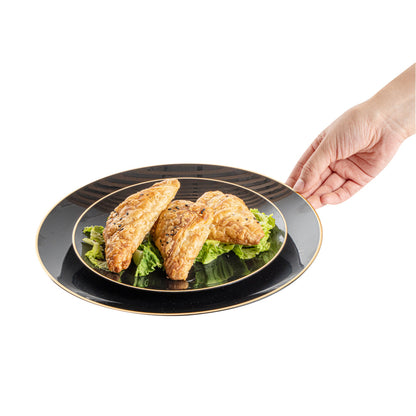 Moderna Round Black Plastic Gold-Rimmed Plate Set - Includes 7" and 10" Plate Sets - 40 count box