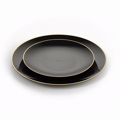 Moderna Round Black Plastic Gold-Rimmed Plate Set - Includes 7" and 10" Plate Sets - 40 count box
