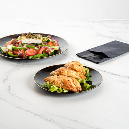 Moderna Round Black Plastic Gold-Rimmed Plate Set - Includes 7" and 10" Plate Sets - 40 count box