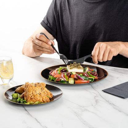 Moderna Round Black Plastic Gold-Rimmed Plate Set - Includes 7" and 10" Plate Sets - 40 count box