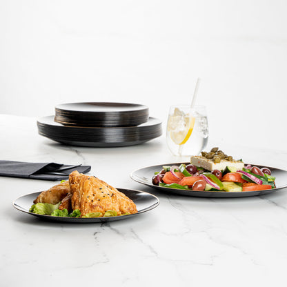Moderna Round Black Plastic Gold-Rimmed Plate Set - Includes 7" and 10" Plate Sets - 40 count box