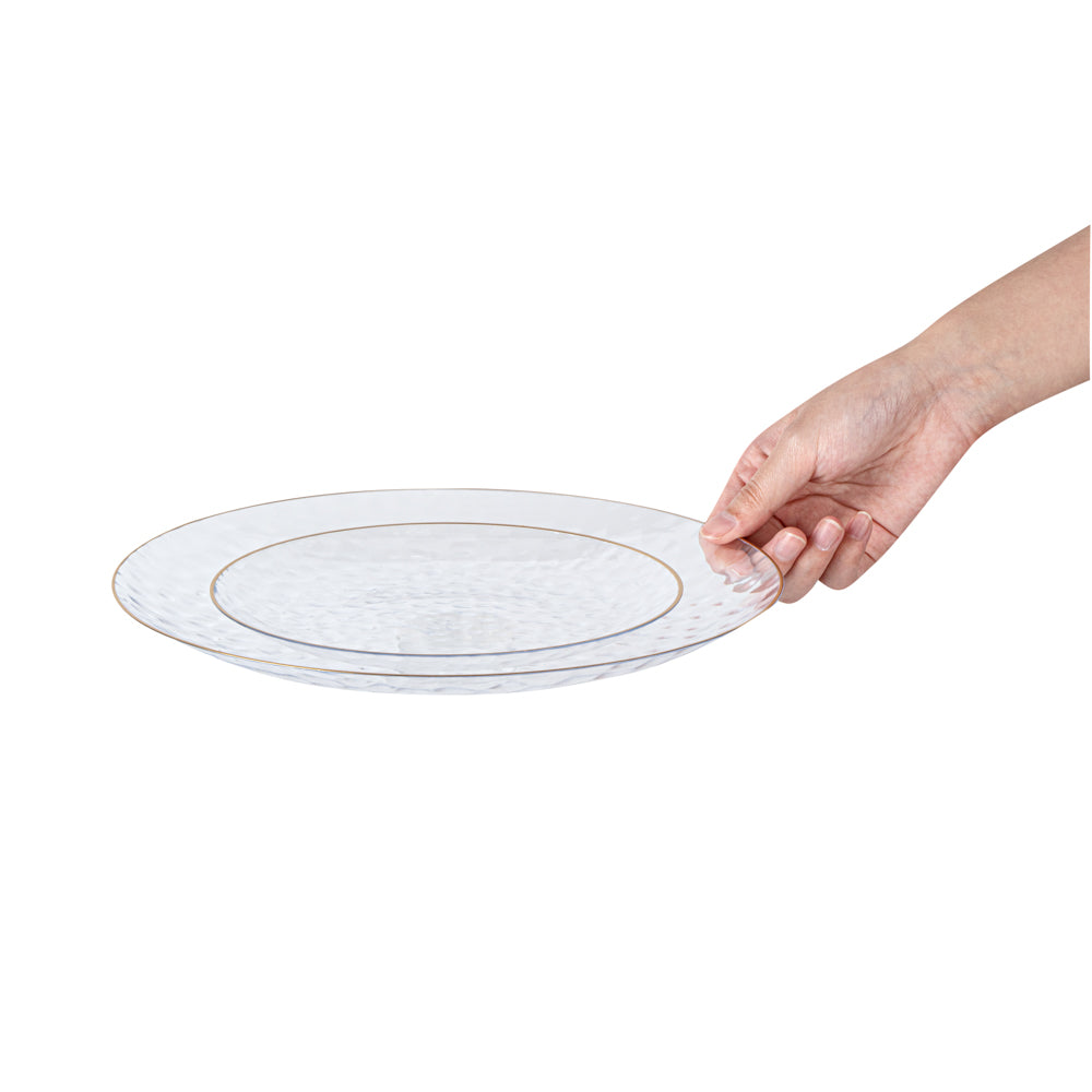 Moderna Round Clear Plastic Gold-Rimmed Plate Set - Hammered, Includes 7" and 10" Plate Sets - 40 count box