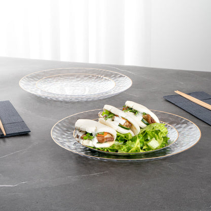Moderna Round Clear Plastic Gold-Rimmed Plate Set - Hammered, Includes 7" and 10" Plate Sets - 40 count box