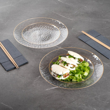 Moderna Round Clear Plastic Gold-Rimmed Plate Set - Hammered, Includes 7" and 10" Plate Sets - 40 count box