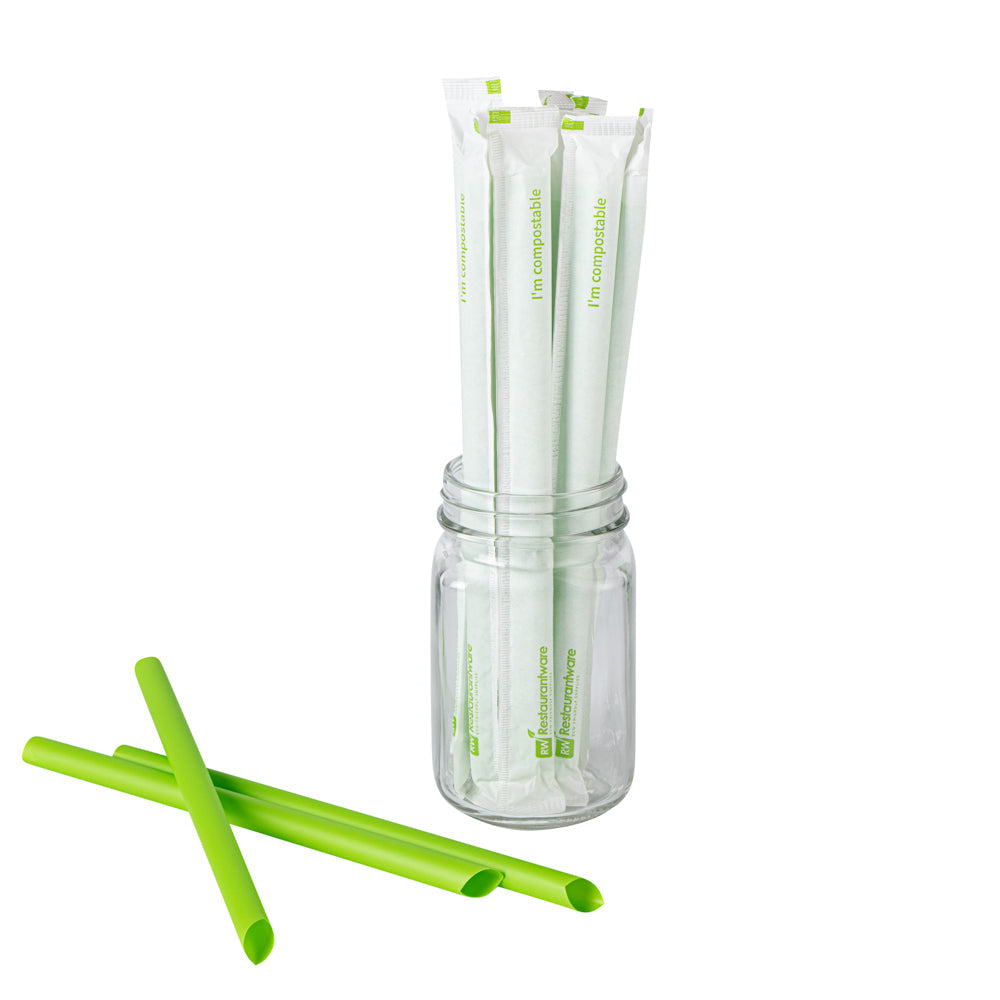 Basic Nature Green PLA / PBAT Plastic Boba Straw - Wrapped, Compostable - 9" - 100 count box