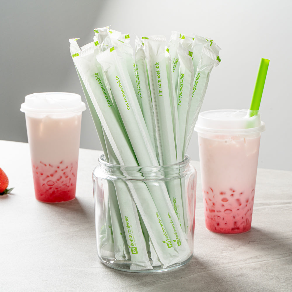 Basic Nature Green PLA / PBAT Plastic Boba Straw - Wrapped, Compostable - 9" - 100 count box