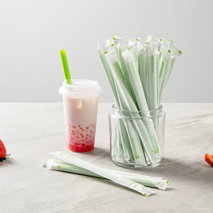 Basic Nature Green PLA / PBAT Plastic Boba Straw - Wrapped, Compostable - 9" - 100 count box