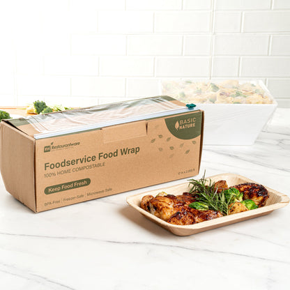 Basic Nature Clear Plastic Foodservice Food Wrap - Home Compostable, BPA-Free, Microwave-Safe - 12" x 2000' - 1 count box