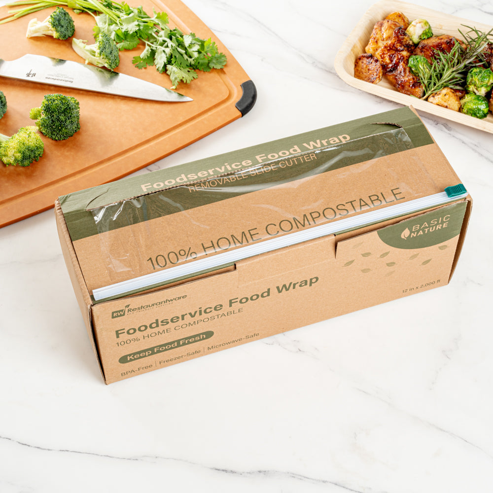 Basic Nature Clear Plastic Foodservice Food Wrap - Home Compostable, BPA-Free, Microwave-Safe - 12" x 2000' - 1 count box