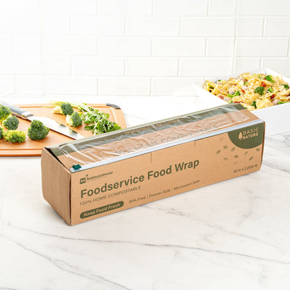 Basic Nature Clear Plastic Foodservice Food Wrap - Home Compostable, BPA-Free, Microwave-Safe - 18" x 2000' - 1 count box