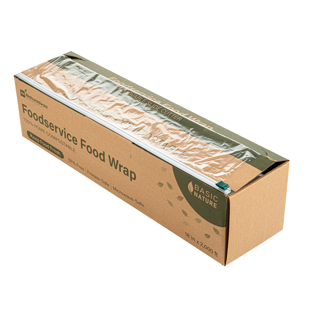 Basic Nature Clear Plastic Foodservice Food Wrap - Home Compostable, BPA-Free, Microwave-Safe - 18" x 2000' - 1 count box