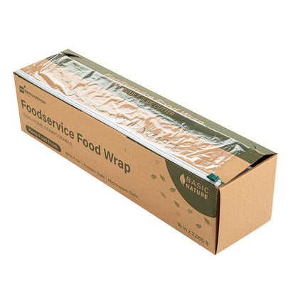 Basic Nature Clear Plastic Foodservice Food Wrap - Home Compostable, BPA-Free, Microwave-Safe - 18" x 2000' - 1 count box