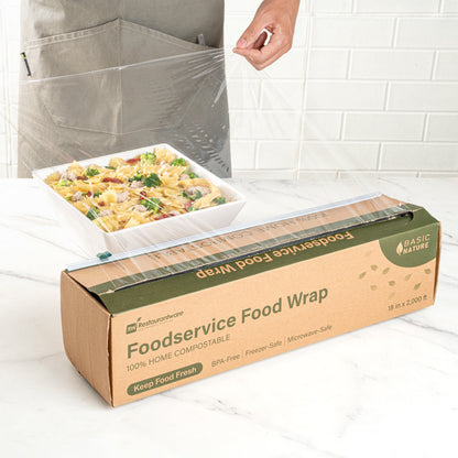 Basic Nature Clear Plastic Foodservice Food Wrap - Home Compostable, BPA-Free, Microwave-Safe - 18" x 2000' - 1 count box