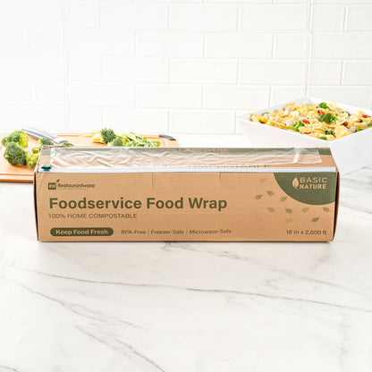 Basic Nature Clear Plastic Foodservice Food Wrap - Home Compostable, BPA-Free, Microwave-Safe - 18" x 2000' - 1 count box