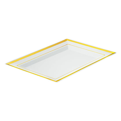 Moderna Rectangle White Plastic Gold-Rimmed Plate - 7 1/2" x 5 1/4" x 1/2" - 10 count box