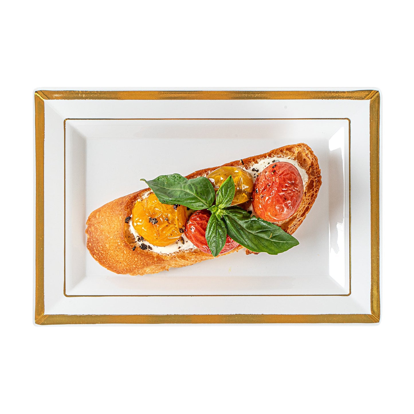 Moderna Rectangle White Plastic Gold-Rimmed Plate - 7 1/2" x 5 1/4" x 1/2" - 10 count box