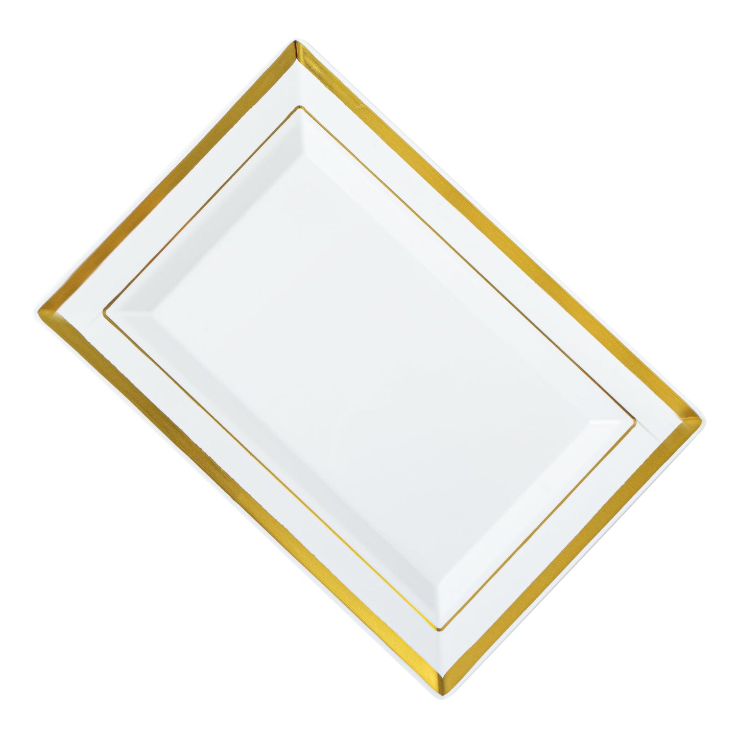 Moderna Rectangle White Plastic Gold-Rimmed Plate - 7 1/2" x 5 1/4" x 1/2" - 10 count box