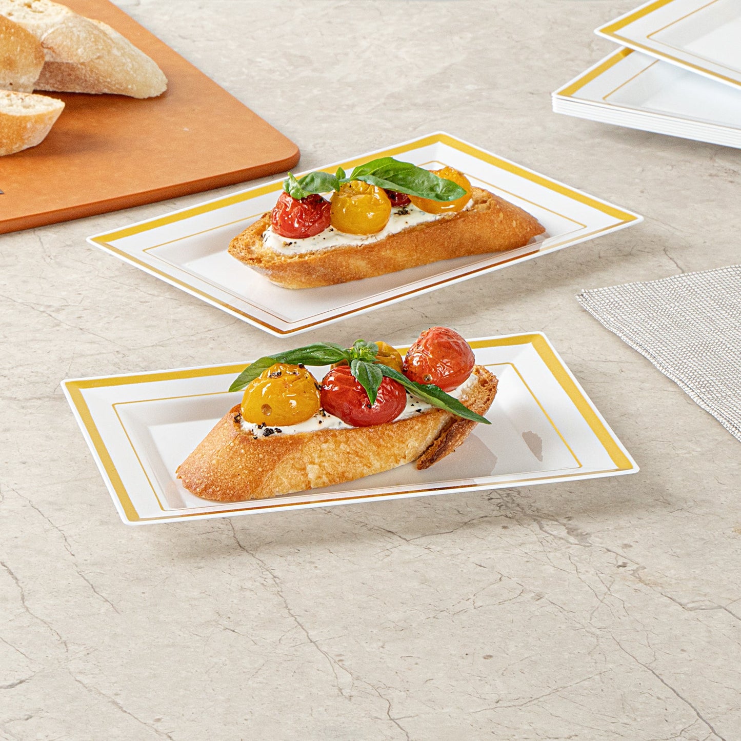 Moderna Rectangle White Plastic Gold-Rimmed Plate - 7 1/2" x 5 1/4" x 1/2" - 10 count box