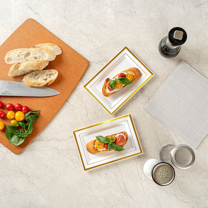 Moderna Rectangle White Plastic Gold-Rimmed Plate - 7 1/2" x 5 1/4" x 1/2" - 10 count box