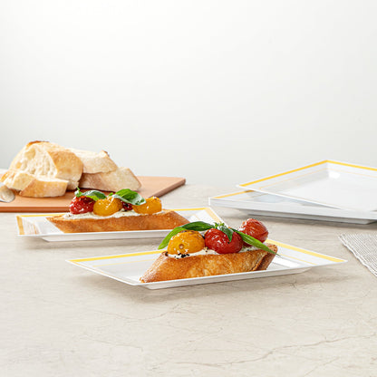 Moderna Rectangle White Plastic Gold-Rimmed Plate - 7 1/2" x 5 1/4" x 1/2" - 10 count box