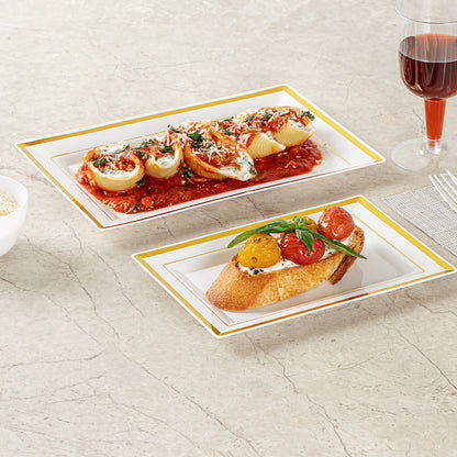 Moderna Rectangle White Plastic Gold-Rimmed Plate - 7 1/2" x 5 1/4" x 1/2" - 10 count box