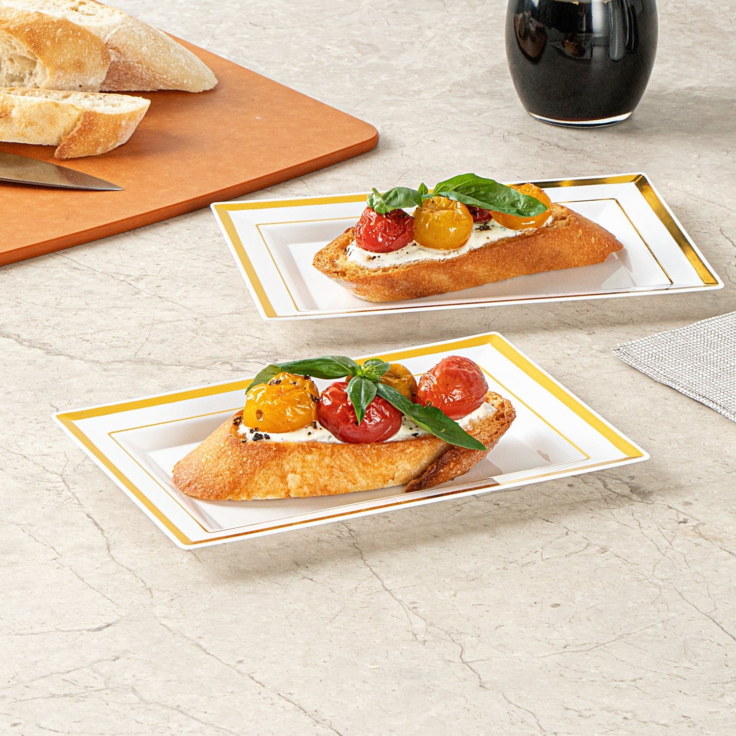 Moderna Rectangle White Plastic Gold-Rimmed Plate - 7 1/2" x 5 1/4" x 1/2" - 100 count box