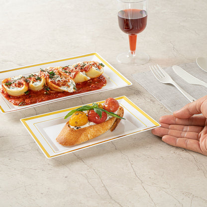 Moderna Rectangle White Plastic Gold-Rimmed Plate - 7 1/2" x 5 1/4" x 1/2" - 100 count box