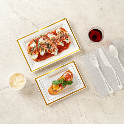 Moderna Rectangle White Plastic Gold-Rimmed Plate - 7 1/2" x 5 1/4" x 1/2" - 100 count box