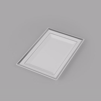 Moderna Rectangle White Plastic Silver-Rimmed Plate - 7 1/2" x 5 1/4" x 1/2" - 10 count box