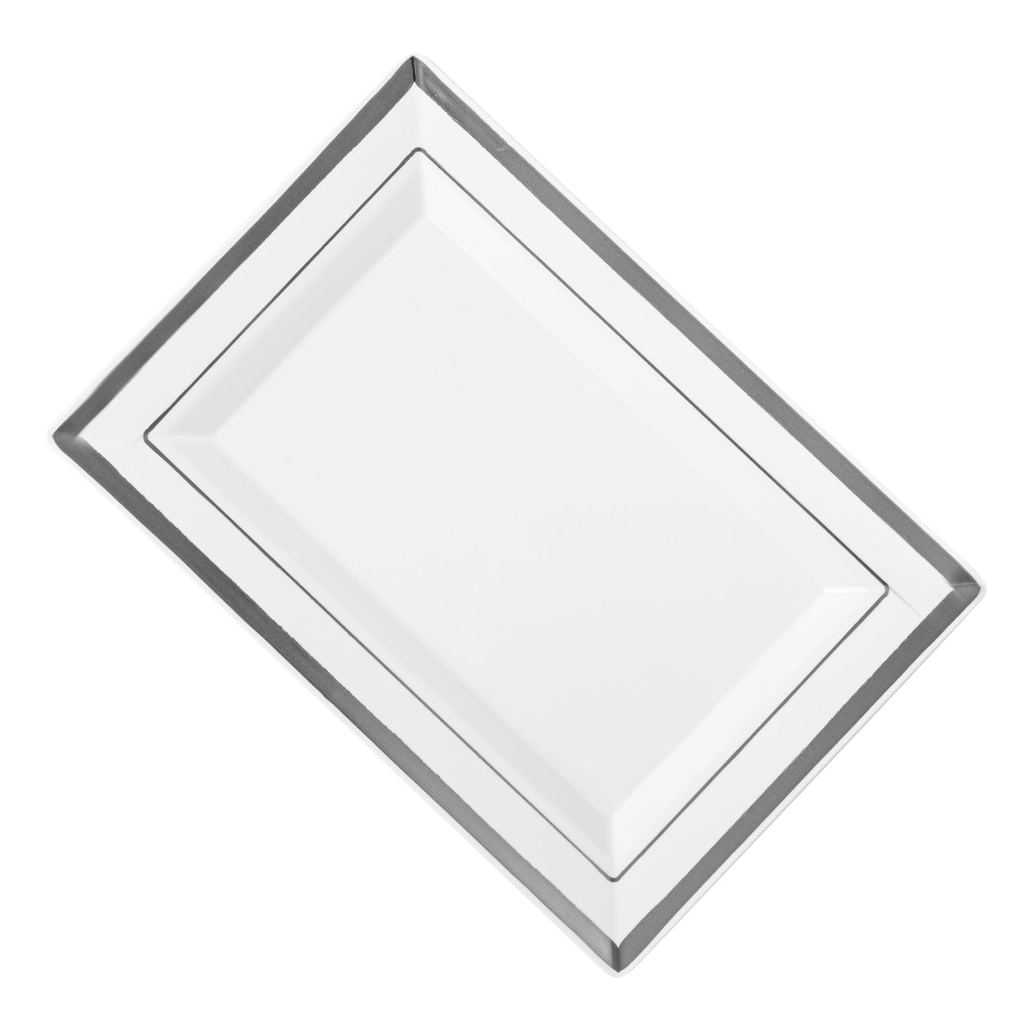 Moderna Rectangle White Plastic Silver-Rimmed Plate - 7 1/2" x 5 1/4" x 1/2" - 10 count box