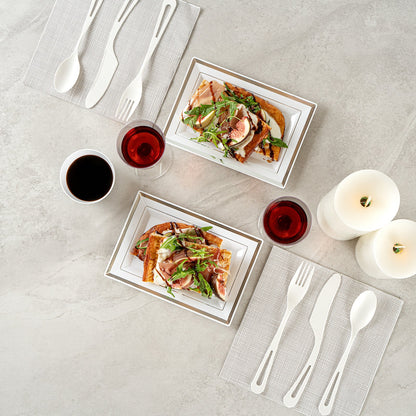 Moderna Rectangle White Plastic Silver-Rimmed Plate - 7 1/2" x 5 1/4" x 1/2" - 10 count box