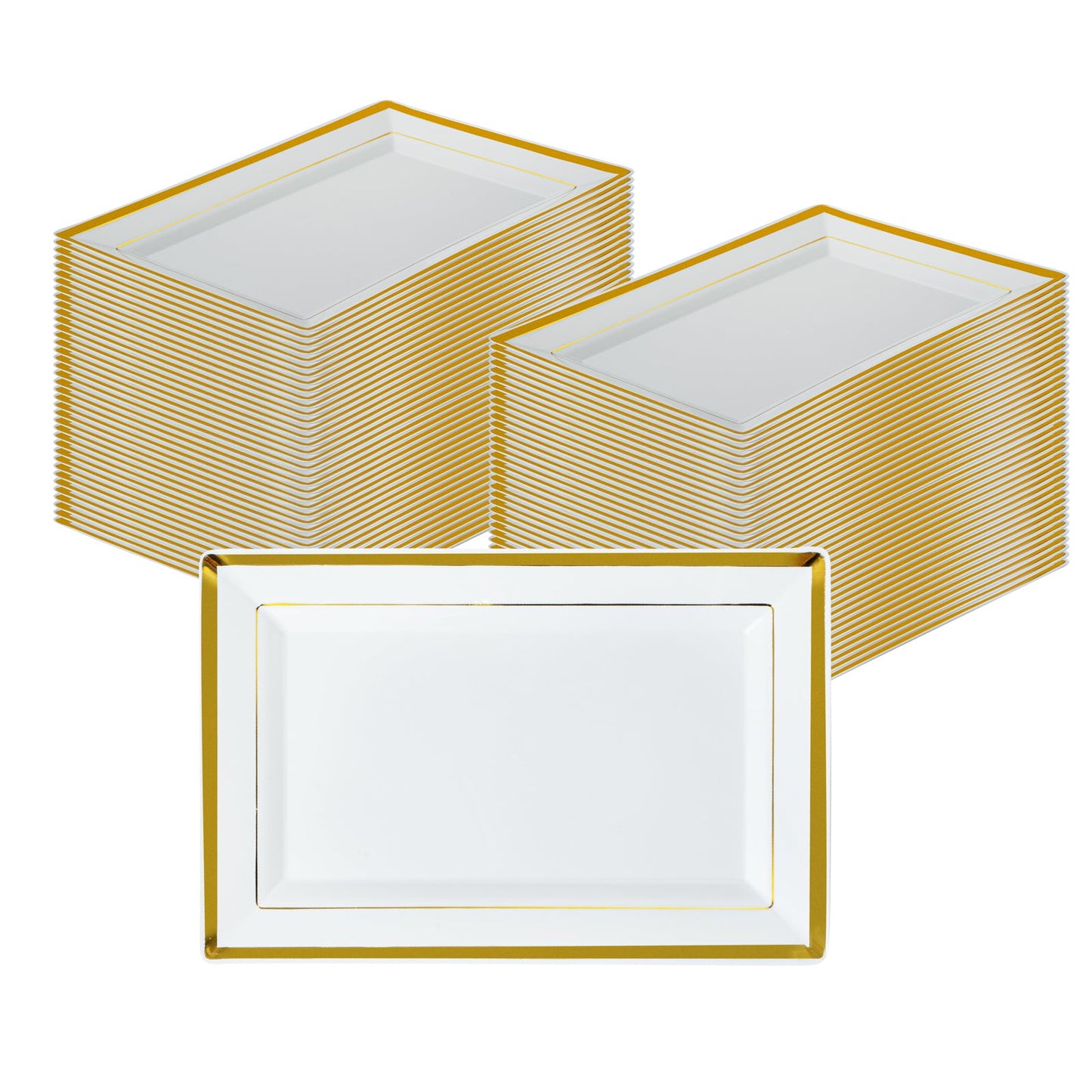Moderna Rectangle White Plastic Gold-Rimmed Plate - 9 1/2" x 6 1/4" x 1/2" - 10 count box