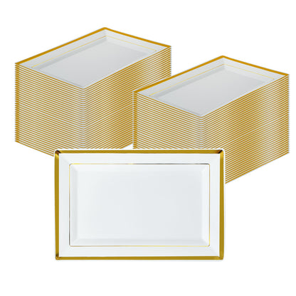 Moderna Rectangle White Plastic Gold-Rimmed Plate - 9 1/2" x 6 1/4" x 1/2" - 10 count box