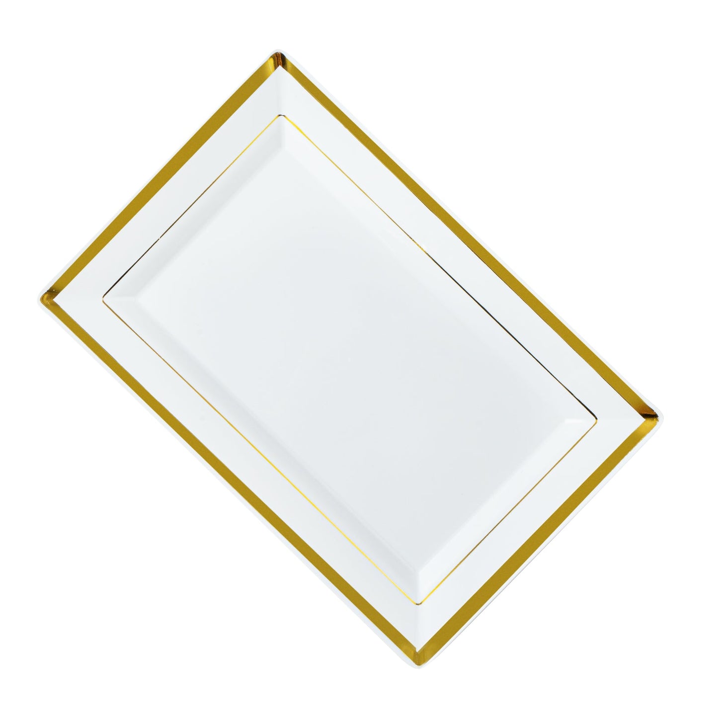 Moderna Rectangle White Plastic Gold-Rimmed Plate - 9 1/2" x 6 1/4" x 1/2" - 10 count box