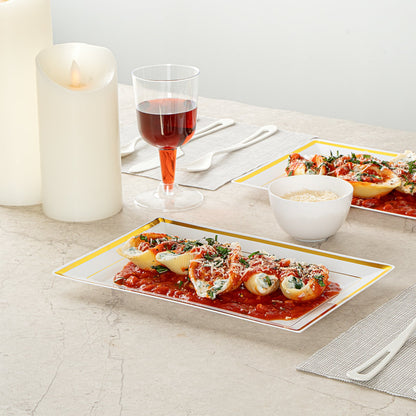 Moderna Rectangle White Plastic Gold-Rimmed Plate - 9 1/2" x 6 1/4" x 1/2" - 100 count box