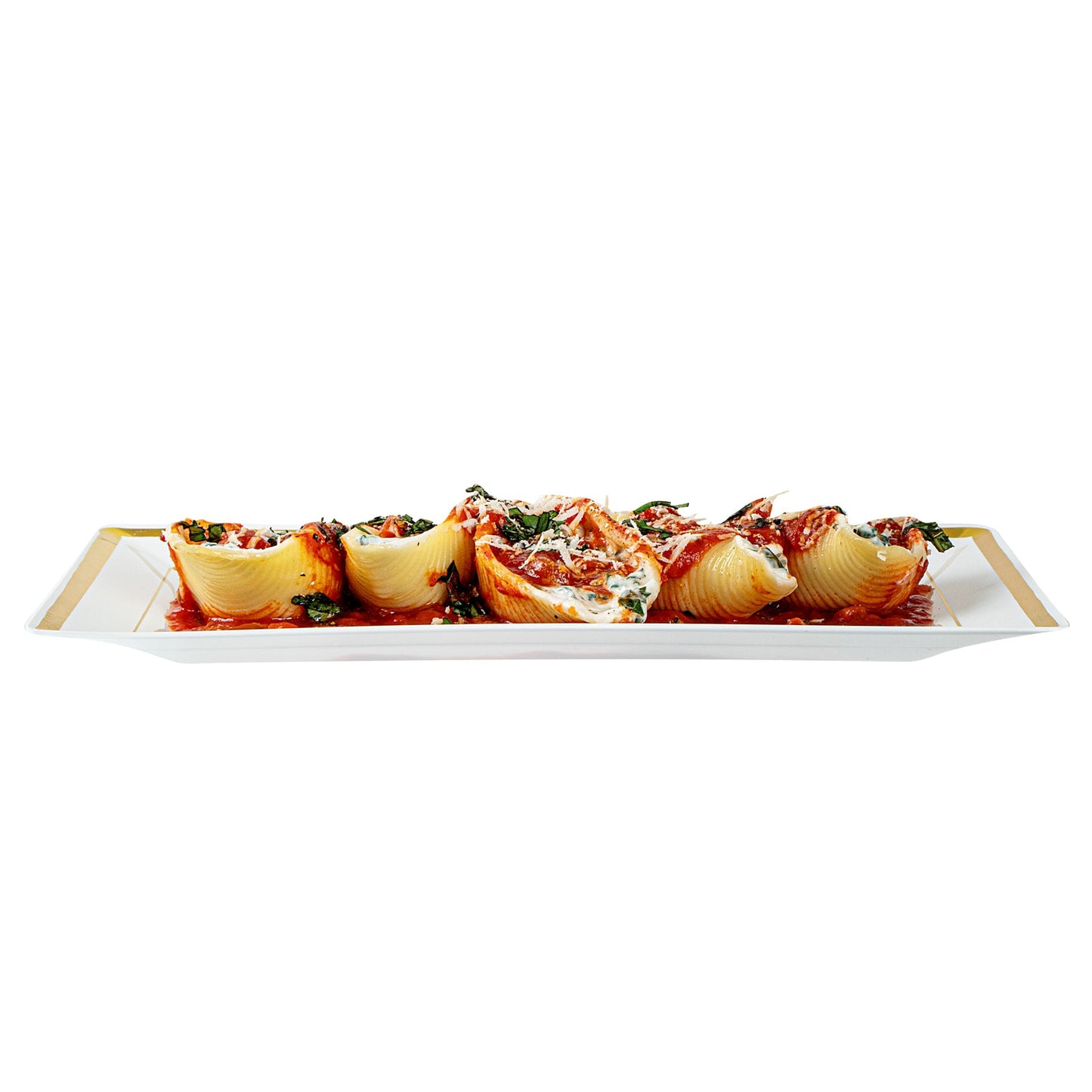 Moderna Rectangle White Plastic Gold-Rimmed Plate - 9 1/2" x 6 1/4" x 1/2" - 100 count box